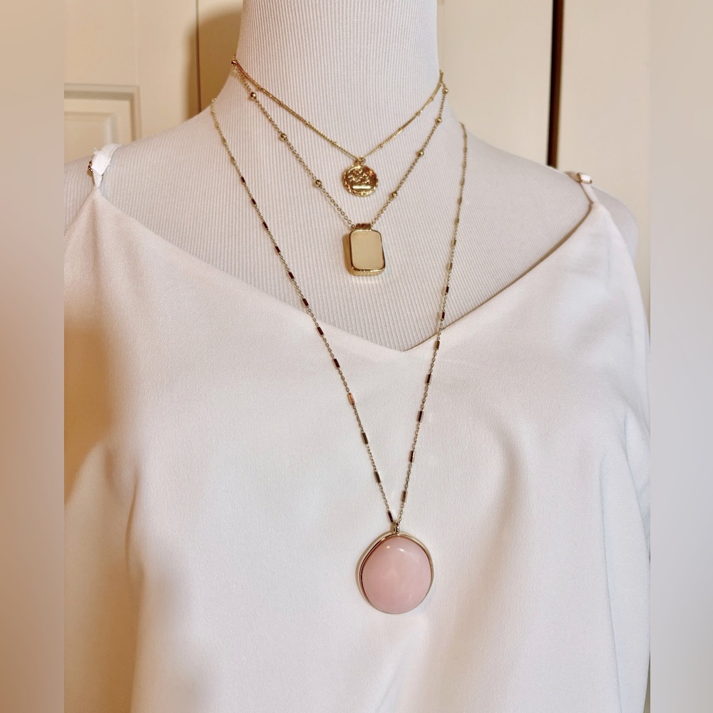 J Crew Gold tone and Pink stone Layered Necklace Set